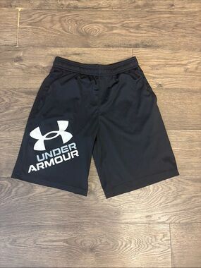Under Armour Youth Boys Large, Black Athletic Shorts with White Logo